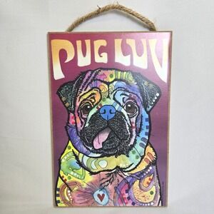 Dean Russo Pug Luv Dog Art Hanging Wall Decor Wooden Sign 10.5" x 7" READ